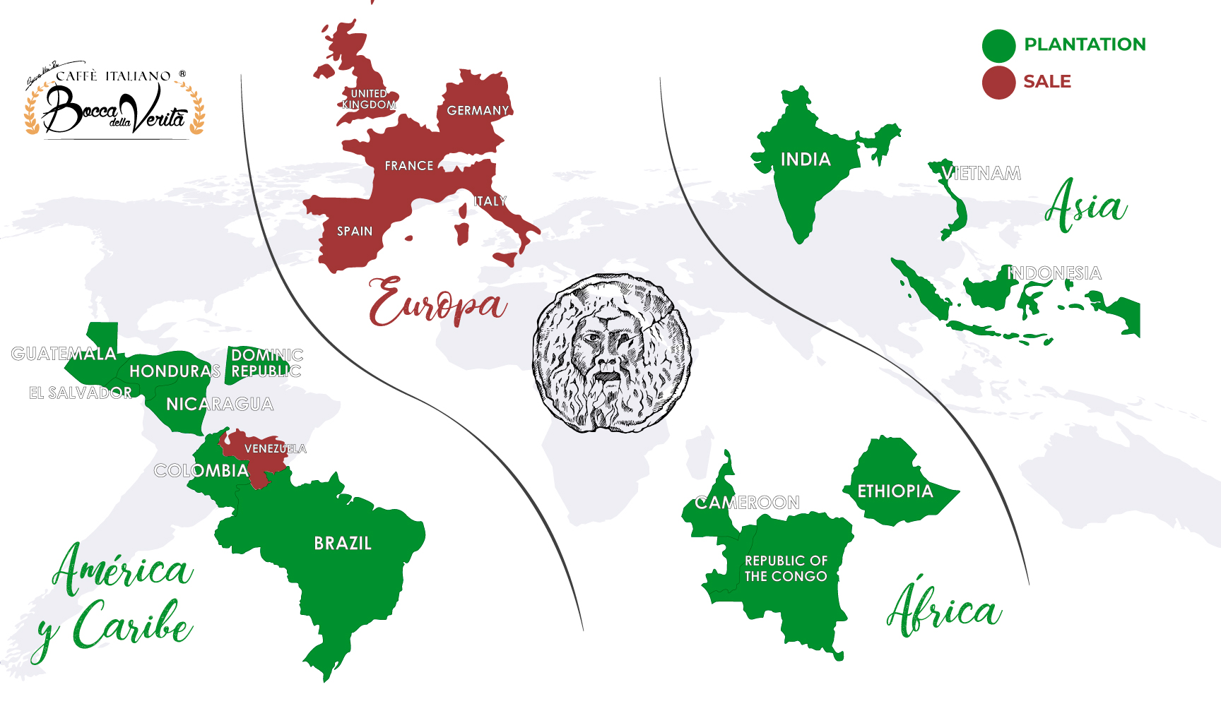 Mappa delle nostre piantagioni di caffè italiane e dei luoghi in cui viene venduto
